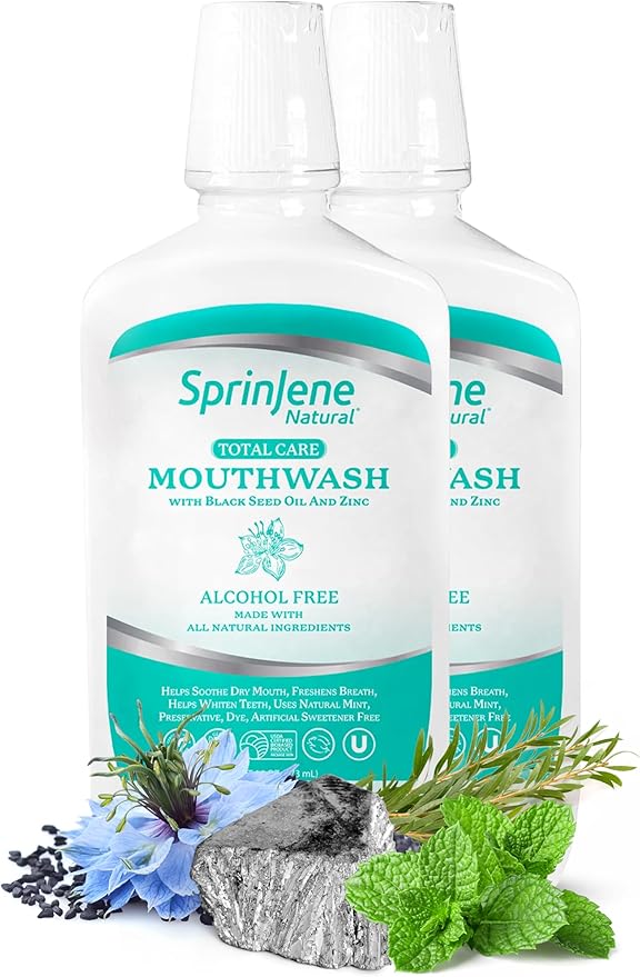 SprinJene Customer Favorite's Oral Care Bundle – Natural Toothpaste &amp Alcohol-Free Mouthwash Set Fluoride Free SLS Free Black Seed Oil &amp Zinc Formula Premium Value Essentials Duo Pack