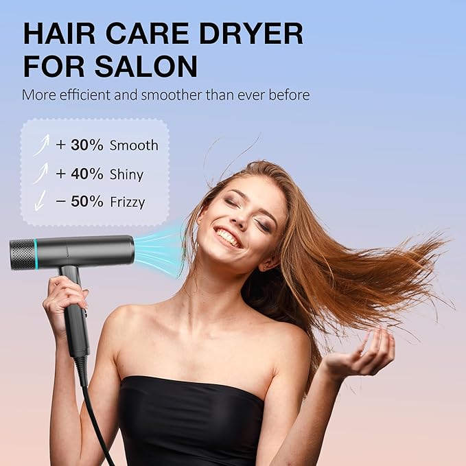 Ionic Hair Dryer with Diffuser and Concentrator Professional Lightweight Quiet Blow Dryer Powerful 1600 Watt Motor for Fast Drying and Straight &amp Wavy Hair 3 Temps/2 Speeds 6.56 Ft Cord Grey