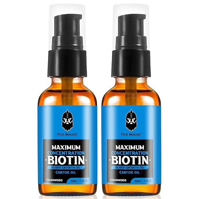 Beard OilMaximun Thickening Biotin with Castor Oil and Argan &amp Jojoba Oils Promotes Beard Growth Styles Strengthens &amp Softens Beards &amp Mustaches1 Ounce*2（2 Pack）