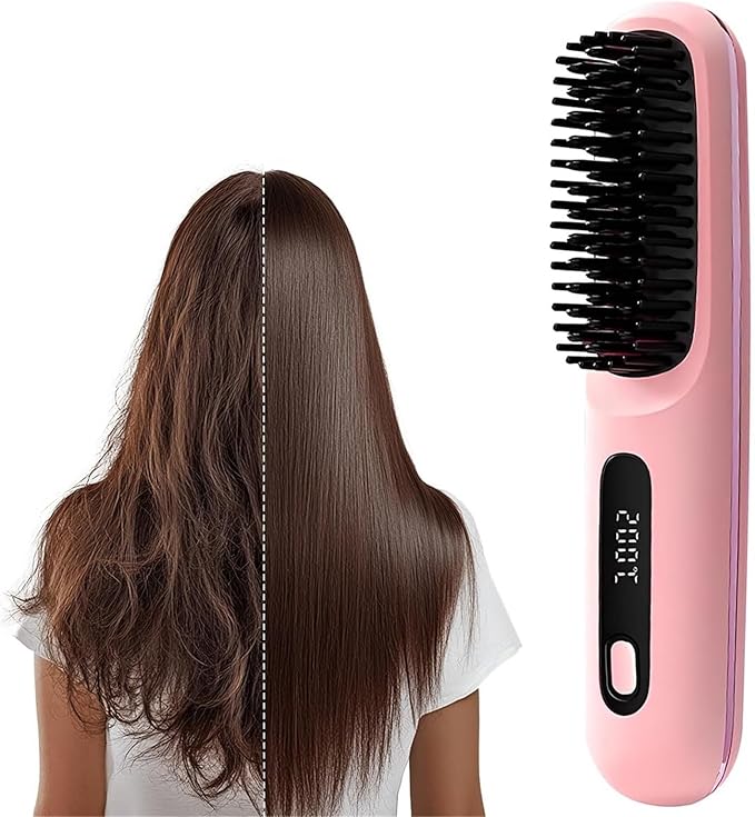 2026 new GO Brush-Pro Upgraded Version GO Brush Portable Travel Straightener with LCD Temperature Display Portable Hair Straightener Fast-Heating Cordless mini Hair Comb(Pink)