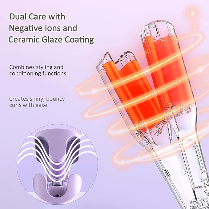 32mm (1.25) Wave Curling Iron 2 Barrel Ionic Deep Waver Hair Tool with 4 Temperature Settings Fast Heating Anti-Scald Hair Crimper for All Hair Types (Purple)