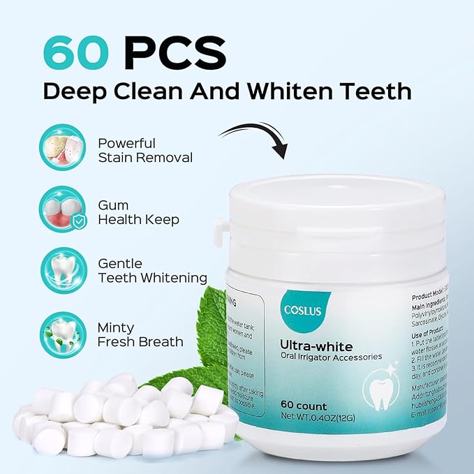 COSLUS Cordless Water Flosser &amp Dental Pick Advanced 10 Pressure Settings for Multiple Users + COSLUS Whitening Water Flosser Replacement Tips with 60 Pcs Mint Refills: Compatible with C20 (F5020E