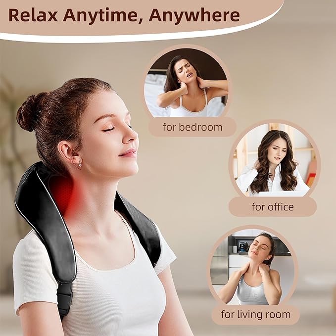 iBooMas Neck Massager with Heat 4D Shiatsu Deep Tissue Back and Shoulder Massager 2 Modes 3 Intensity for Muscle Relaxation Hands-Free Design Best Gifts for Women Men (Black)