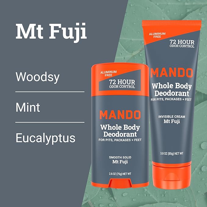 Mando Whole Body Deodorant - Invisible Cream Tube and Solid Stick - 72 Hour Odor Control - Aluminum Free Baking Soda Free Skin Safe - 3.0 Ounce Tube and 2.6 Ounce Solid Stick Bundle - Mt Fuji