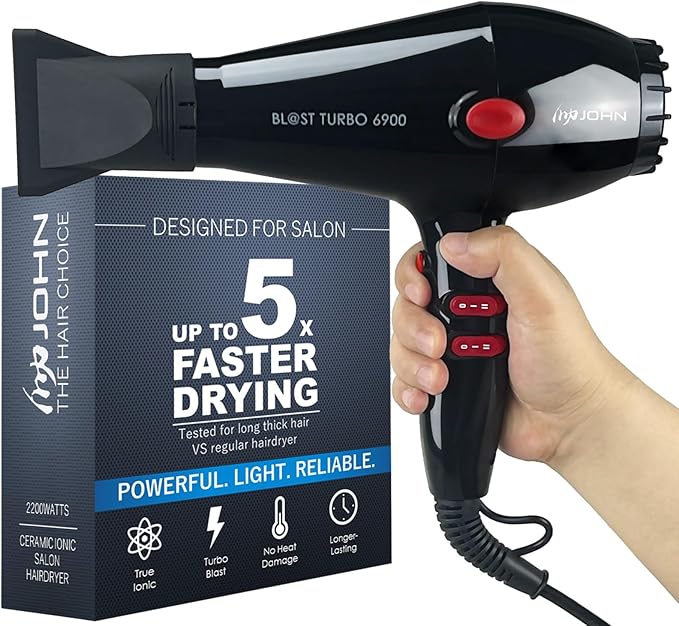 JOHN Professional Hair Blow Dryer Fast Drying Powerful 2200W Ionic for No Damage to Hair Blast Turbo 6900 Black