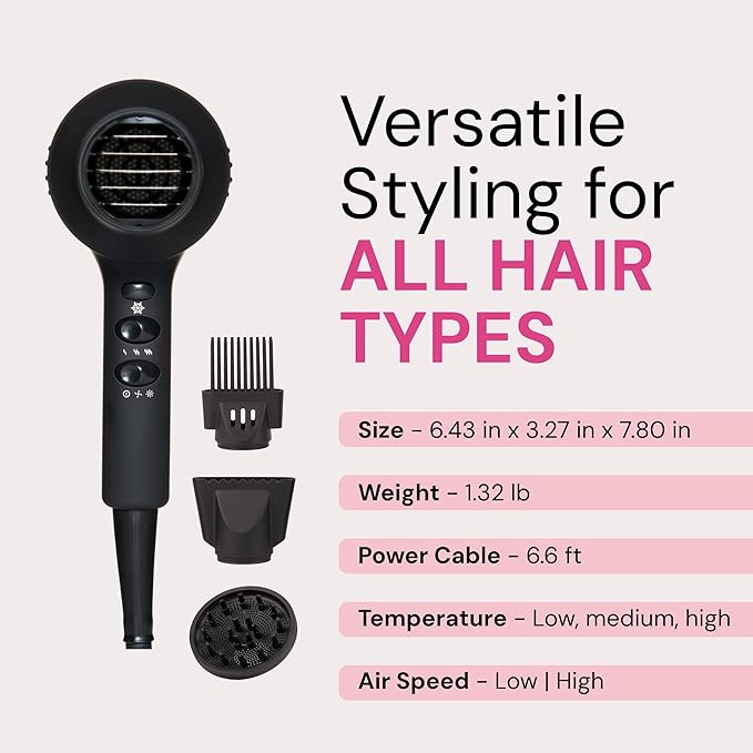 L'ANGE HAIR PowerStyle Turbo Ionic Hair Dryer | 1875 Watt Professional Blow Dryer with Diffuser &amp Concentrator | Multiple Heat &amp Speed Settings for Fast Drying | Salon-Grade Styling Tools Bla