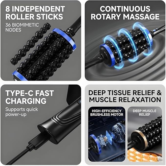 Electric Rolling Percussion Massager Hands-Free Base Deep Tissue Muscle Massager and Back Roller5-Speed Rechargeable Muscle Roller Stick for Legs Foot &amp Calf Massager (Gray)