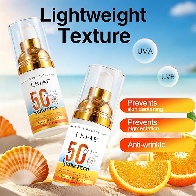 LKIAE Spf 50+ Sunscreen UVA UVB Protection Prevent Sunburn Skin Darkening Pigmentation Anti-Wrinkles With Aloe Vera Travel Size 2 oz (Pack of 5)