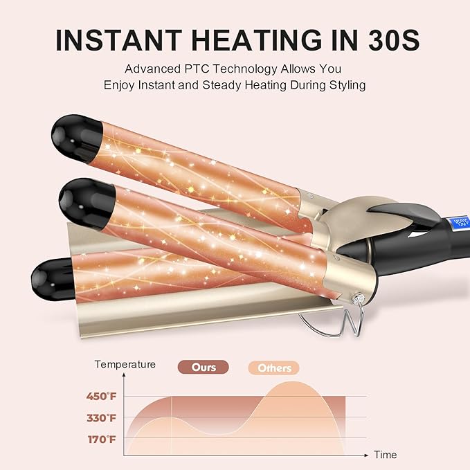 Three Barrel Curling Iron 1.1 Inch for Soft Mermaid Waves AIMERVO Hair Crimper 15 Adjustable Heat Settings with LCD Temperature Display Tourmaline Ceramic Deep Waver Includes Heat Resistant Glove