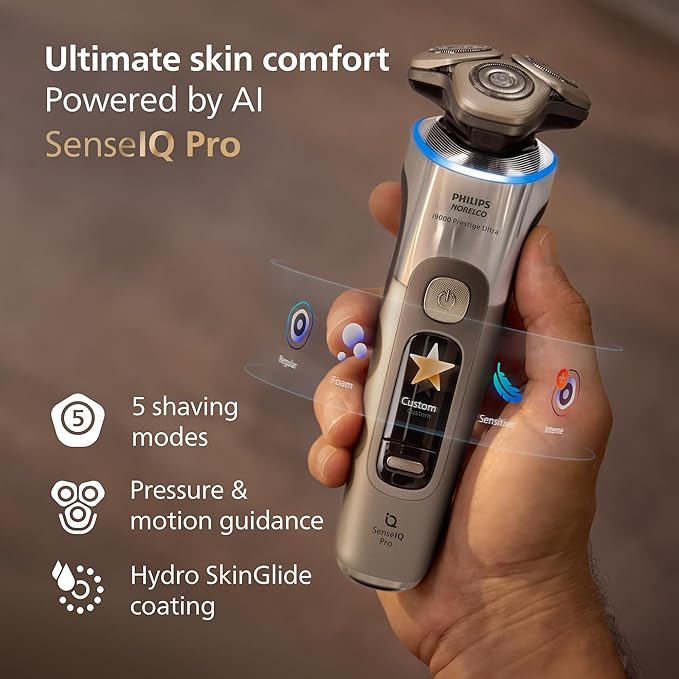 Philips Norelco Shaver i9000 Prestige Ultra Wet &amp Dry Electric Shaver White Gold SenseIQ Pro Technology Triple Lift &amp Cut System 360 Rotating NanoTech Precision Blades Beard Styler XP94