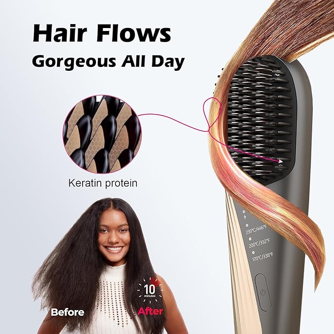Cordless Hair Straightener Brush: Portable Straightening Brush for Travel - 10000mAh USB-C Rechargeable 30s Quick Heating150 Million Negative Ions Heated Straightening Comb for Women