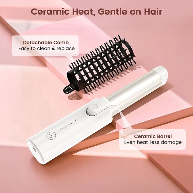 Youbella Cordless Hair Curling Iron Brush Portable Travel Hair Curler Mini 1.5″ Heated Round Brush 3-in-1 USB Rechargeable Straightening Wand for Styling &amp Smoothing 200 Million Ionic Care Wh