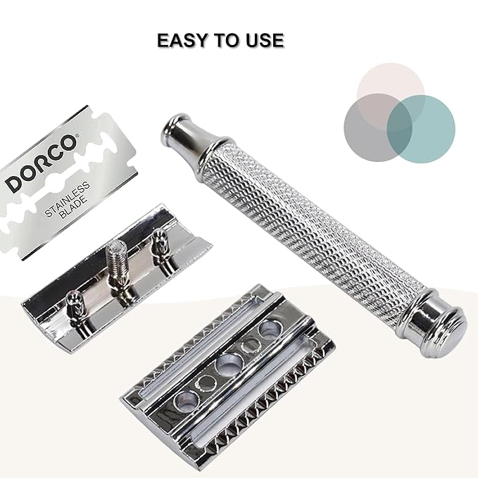 Double Edge Safety Razor Set With 20 Blades Stand Heavy Duty Kit for Men's Everyday Use and Smooth Close Shave (Silvery)