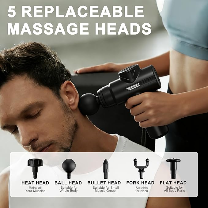 Massage Gun with Heat Deep Tissue Neck Massager Gun Back Massager for Pain Relief with 5 Heads &amp 6 Speeds Portable - Birthday Gifts for Men Women