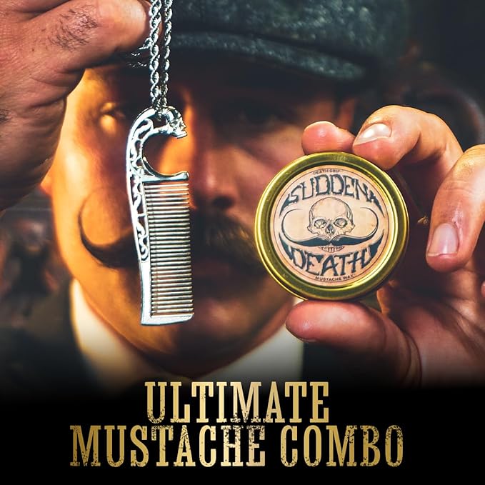 Mustache Wax Strong Hold Sudden Death 1 oz Tin &amp Necklace Death Grip Mustache Comb Mens Combo Kit - Grooming For Men Handlebar Moustache