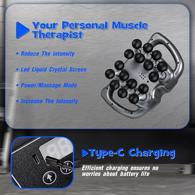 Massage Gun Deep Tissue 16 Head Percussion Massager with 9 Modes &amp 99 Speeds 22800 RPM Quad Motor Muscle Massager for Back Neck Shoulder Legs Quiet Type-C Rechargeable Gift for Men Women
