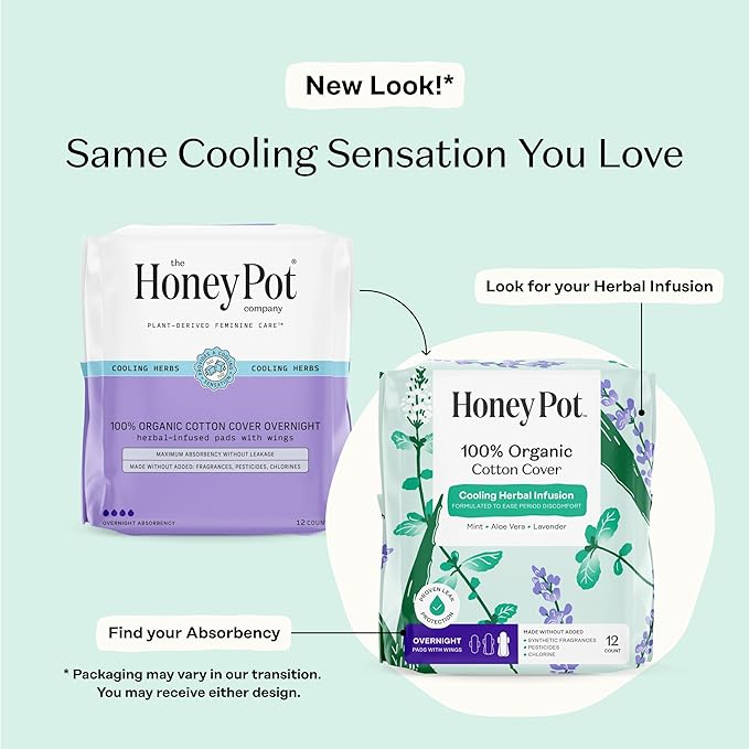 The Honey Pot Company - 48 ct - Herbal Pads for Women - Overnight w/Wings - Infused w/Essential Oils for Cooling Effect &amp Organic Cotton Cover - Feminine Care