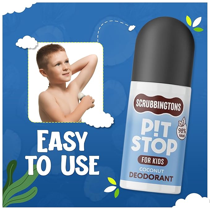 Scrubbingtons Pit Stop Kid’s Deodorant Children’s Roll-On Deodorant with Gentle Formulation Aluminium and Alcohol Free Coconut Scent – 75ml Quad Pack