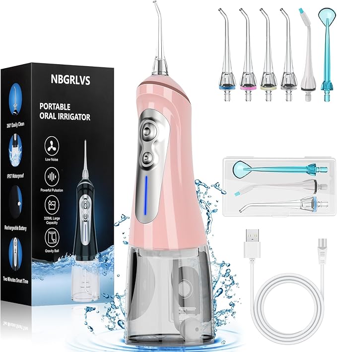 NBGRLVS Water Dental Picks for Teeth Cleaning6 Modes 6 Tips and Storage Case Water Dental Flossers Cordless 320ML IPX 7 Waterproof Rechargeable Portable Electric Dental flosser for Trave Home (Pink)