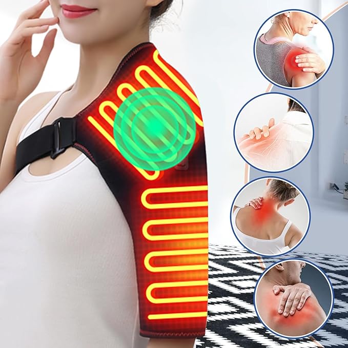 WOOLALA Heated Shoulder Brace with Massager Portable Electric Heating Pad for Shoulders Pain and Upper Arm Muscle Massage Heated Wrap for Left