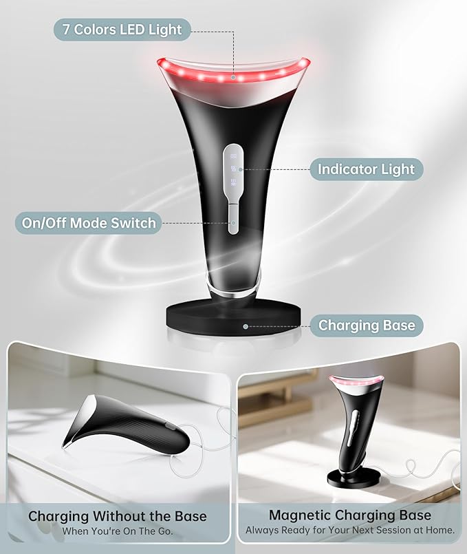 7 Color Light Therapy Facial Massager with Adjustable Vibration and Thermals for Wrinkles Double Chin Red Light Skin Care Tool with Base Black