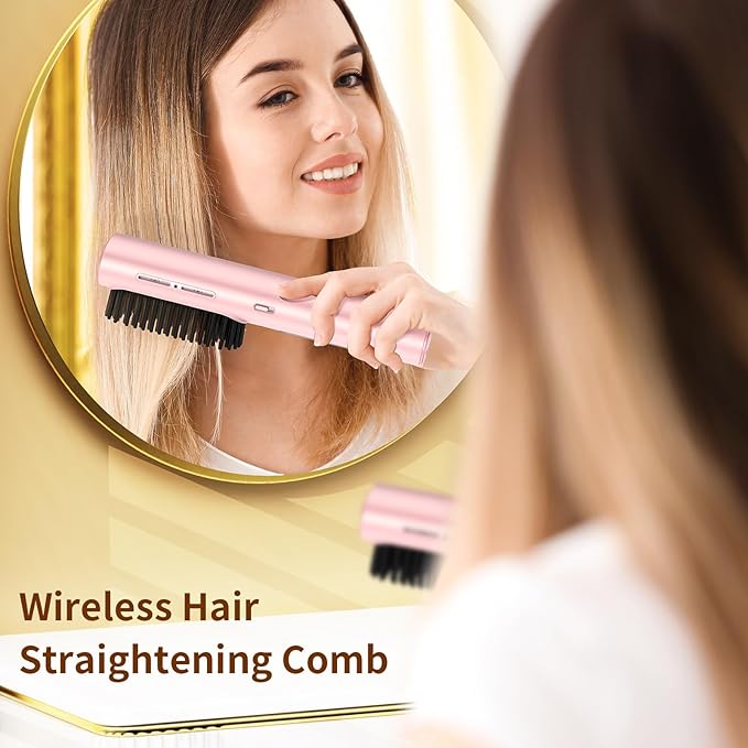 Cordless Hair Straightener Brush Mini Brush Straightener for TravelPortable Straightening Brush for WomenHot Comb Styling Tools &amp Appliances Pink