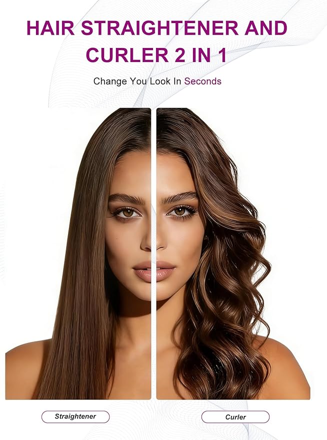 LANDOT 2-in-1 Hair Straightener Curling Iron - Twist Floating Plates for Curl &amp Straight Anti-Frizz &amp Tangle-Free Dual Voltage Adjustable Temp 250-450°F for All Hair Types