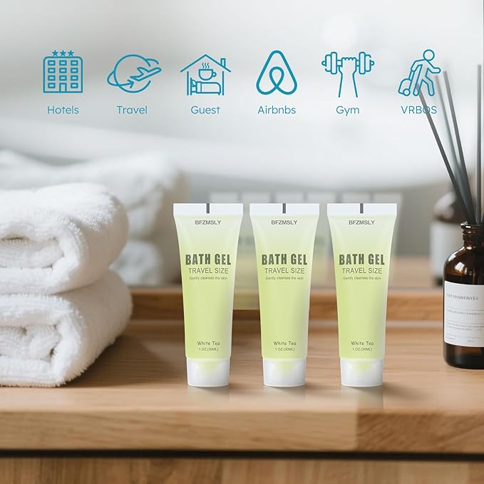 50 Pack Bulk Travel Size Body Wash 1oz Tubes White Tea Scent Mini Shower Gel for Hotel Guests TSA Approved Toiletries Individually Sealed for Airbnb Vacation Rentals