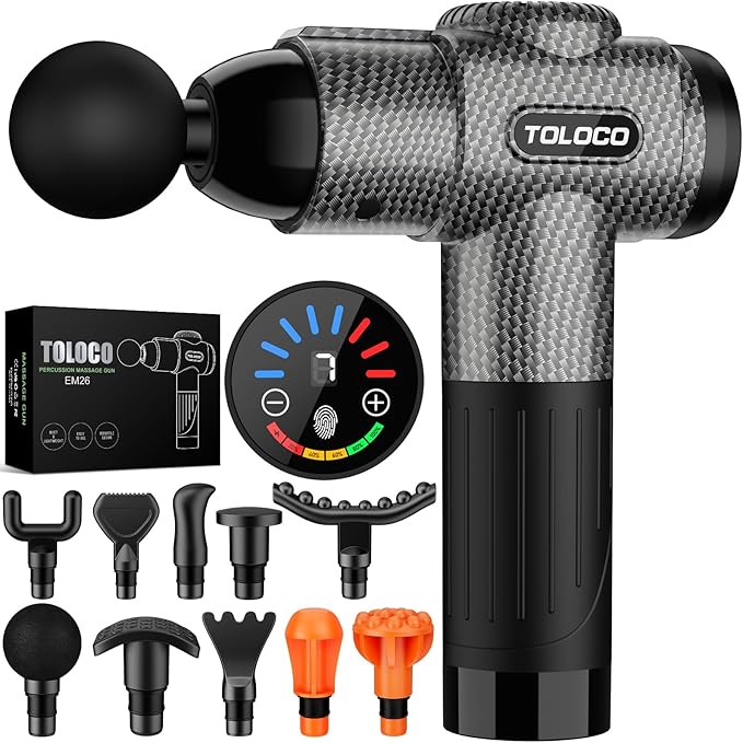TOLOCO Massage Gun Deep Tissue Back Massage for Athletes for Pain Relief Percussion Massager with 10 Massages Heads &amp Silent Brushless Motor Valentines Day Gifts for Him Her Carbon