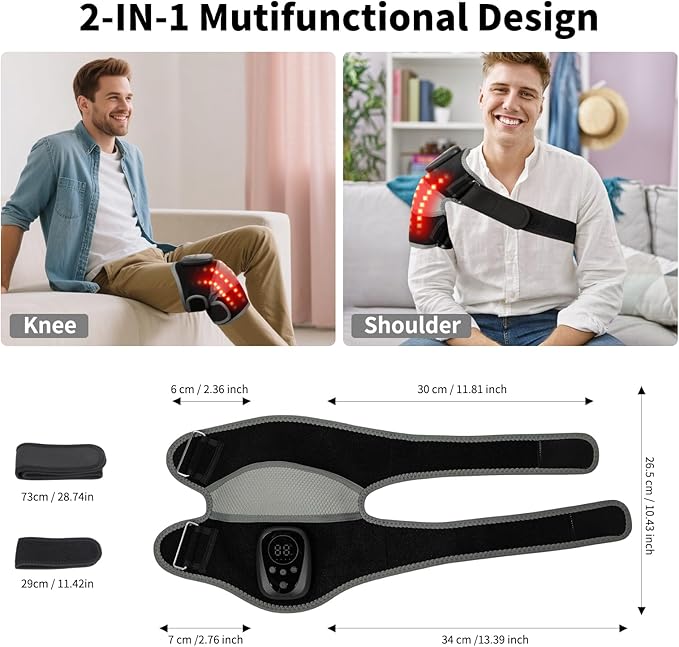 Knee Massager with Heat and Red Light 2-in-1 Heating Pad with Massager for Knee Shoulder 660nm&amp850nm Red Light Therapy Heated Device for Pain Relief 5 Vibration Modes &amp 6 Heating Levels