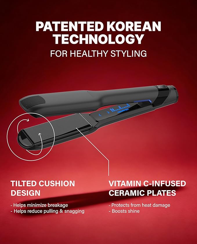 GLAMPALM GlamMuse Wide 1.5 | All-Ceramic Flat Iron Infused with Vita-C Salon Results with Less Heat Damage Trusted by K-Pop Hair Stylists Hair Straightener for Thick Hair Silk Press | GP501T