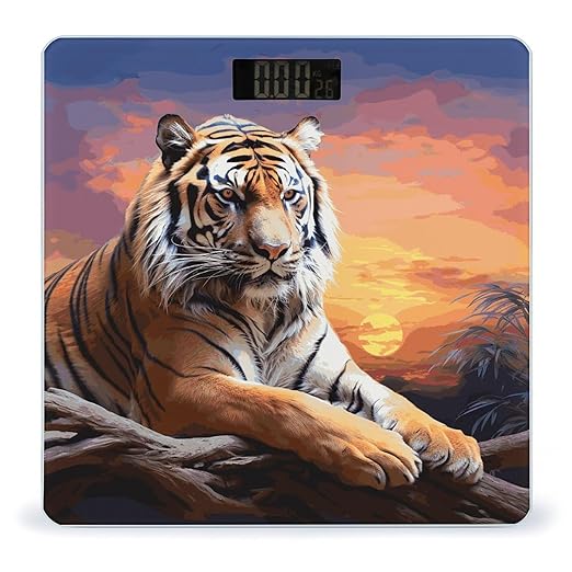 Tiger Colorful Sunset Scale with LCD Easy-to-Read Anti-Slip Weight Digital Bathroom Scale Precision Weighing Scales Sturdy Tempered Glass Body Weight Scales for Daily Use