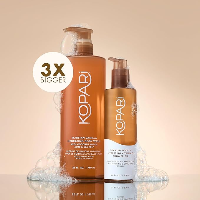 Kopari Jumbo Tahitian Vanilla Hydrating Body Wash | 25 oz Gel-Based Body Cleanser with Coconut Water Aloe &amp Sea Kelp | Rich Lather Signature Coconut Milk Scent