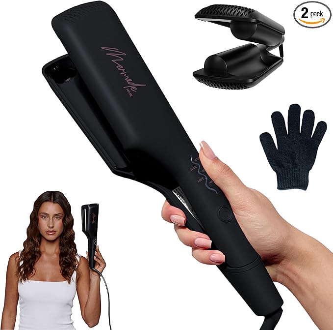 Mermade Hair Double Hair Waver Tool - Double 1 Barrel Iron for Crimp-Free Beach Waves Hair Curler for Women Ionic Ceramic Plates Reduces Frizz Suitable for Short Medium &amp Long Hair - Black