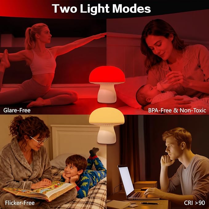 PowerTalk 670nm Red Light Lamp for Bedroom Sleep Dimmable Mushroom Red Night Light with Timer Remote &amp Touch Control for Baby Kids Adults - Portable and Rechargeable[2026 Upgrated Red Light Ther