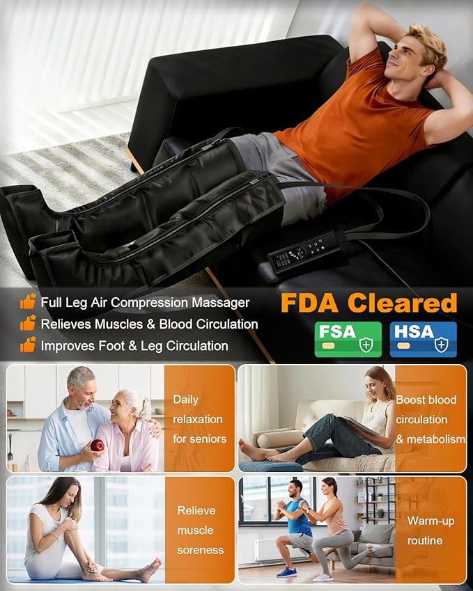 FSA-HSA Eligible Massager - Leg Massager for Circulation and Pain Relief FSA Foot Massager with 6 Modes 8 Intensities 3 Timers Leg Relaxation Pressure for Muscle Gift for Him Her (BlackMedium)