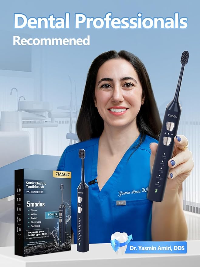 7MAGIC Sonic Electric Toothbrush for Adults and Kids - Up to 180 Days Runtime 42000 VPM Powered Toothbrush 5 Modes &amp 3 Intensities for Sensitive Teeth &amp Braces Includes 8 Brush Heads Navy