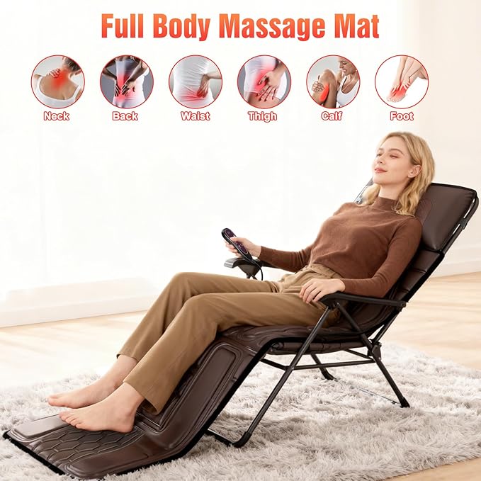 Full Body Massage Mat with Heat 12 Vibration Nodes Massage Chair Pad with 3 Heating Levels Multifunctional Full Body PU Relaxation Seat Back Massager with Head Neck Pillow for Home Office