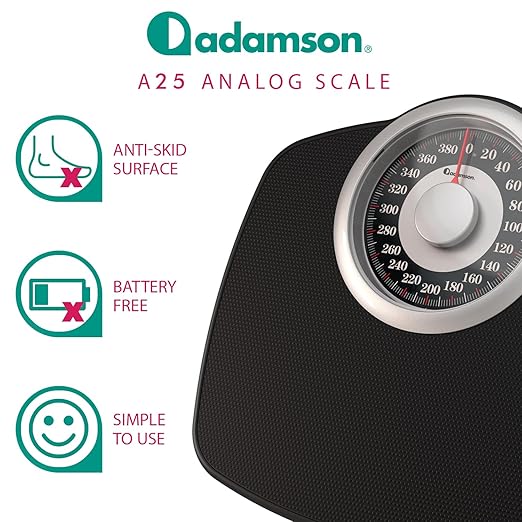 Adamson A25 Scales for Body Weight - Up to 400 LB - New Version - 5.3 Dial on 12.4 x 10.2 Platform - Anti-Skid Rubber Surface - High Precision Bathroom Scale Analog - Durable with 20-Year Assurance