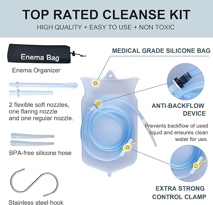 Deepdeem Clear Silicone Enema Bag Kit – 2 Quart Reusable Colon &amp Detox Care System with 6.75ft Hose &amp 7 Tips Non-Toxic Home Colonic Kit for Men &amp Women (Coffee/Water Compatible)