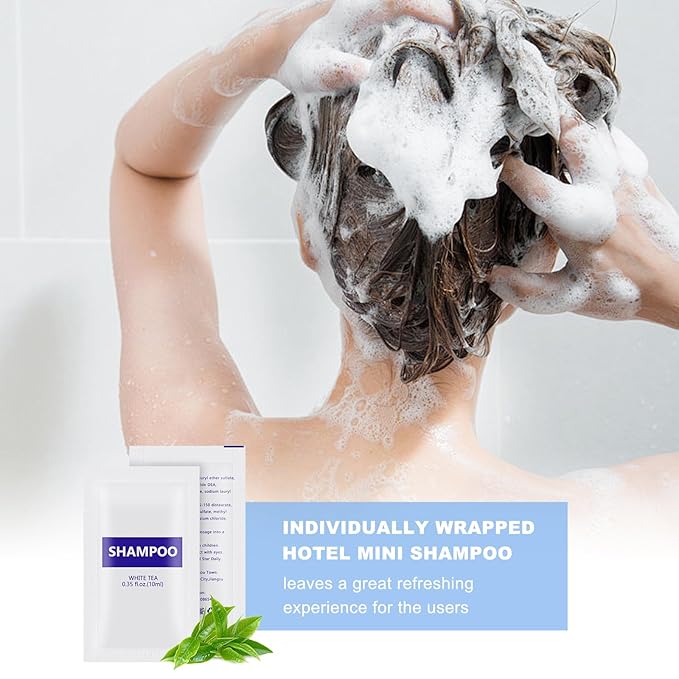 100 pack 0.35 fl oz/10ml Travel Size Shampoo Bulk Individually Wrapped bundle with 100 pack Travel Size Body Wash Bulk White Tea Scent0.35 fl oz/10ml