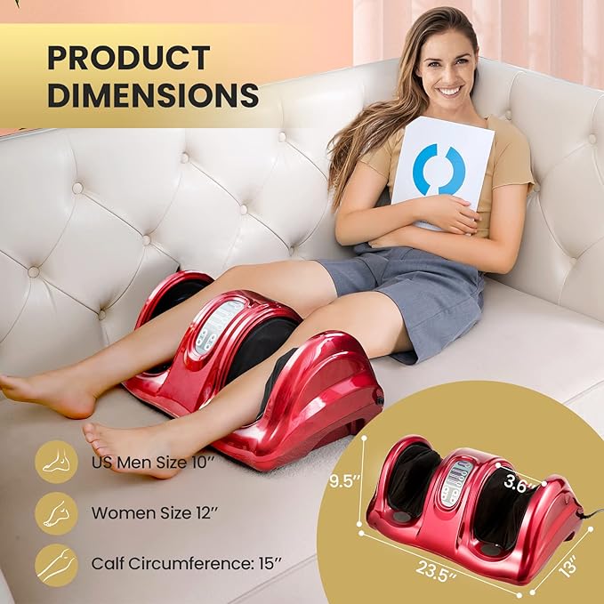 WELLHUT Foot Massager Machine Shiatsu Foot and Calf Massager for Ankle Calf Leg Arm Shiatsu Kneading Rolling Feet Massager Machine Gifts for Men and Women Red
