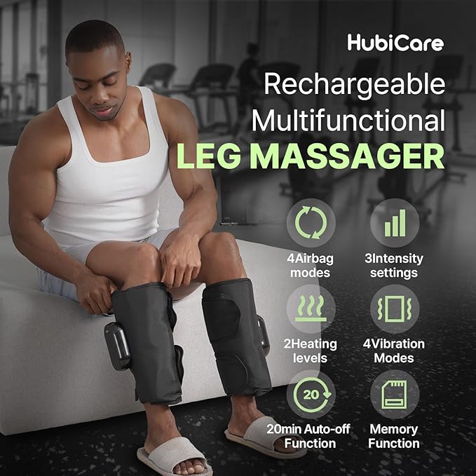 HubiCare Air Compression Leg Massager for Different Needs for Foot Calf and Thigh for Circulation and Pain Relief Wireless Rechargeable Calf Air Compression with Heat 4 Modes 3 Intensities (Pair)