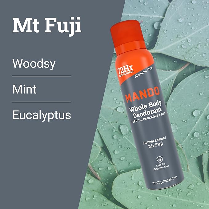 Mando Whole Body Deodorant For Men - Invisible Spray Deodorant - 72 Hour Odor Control - Low Irritation Formula - Aluminum Free Benzene Free - 3.6 ounce Cans (Pack of 2) - Mt Fuji