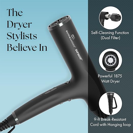Olivia Garden 1875W SuperHP Professional Hair Dryer for All Hair Types - Quiet Fast Drying Blow Dryer - Powerful Ionic Generator - 5 Attachments Including 2 Comb and 1 Diffuser Attachments