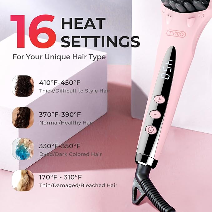TYMO Ionic Hair Straightener Brush - Straightening Comb with 10M Negative Ions 25s Heat-up 16 Temps Dual Voltage LED Display | Ceramic Hot Comb Hair Brush Straightener for Women Pink