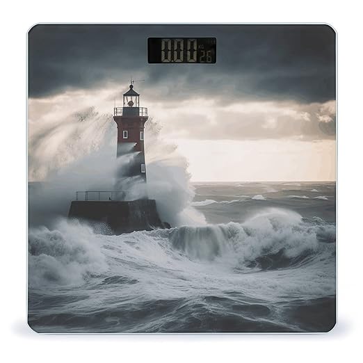 Lighthouse in Storm Scale for Body Weight Highly Accurate Bathroom Body Scale Sturdy Tempered Glass Digital Weight Scales LCD Display Smart Scales Rounded Corners Design