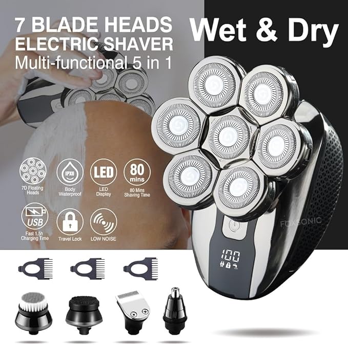 Head Shaver for Men 5 in 1 Men's Shaver Trimmer for Men Electric Shaver 7D Independently Razor Wet and Dry Hair Cutting Machine with Clipper