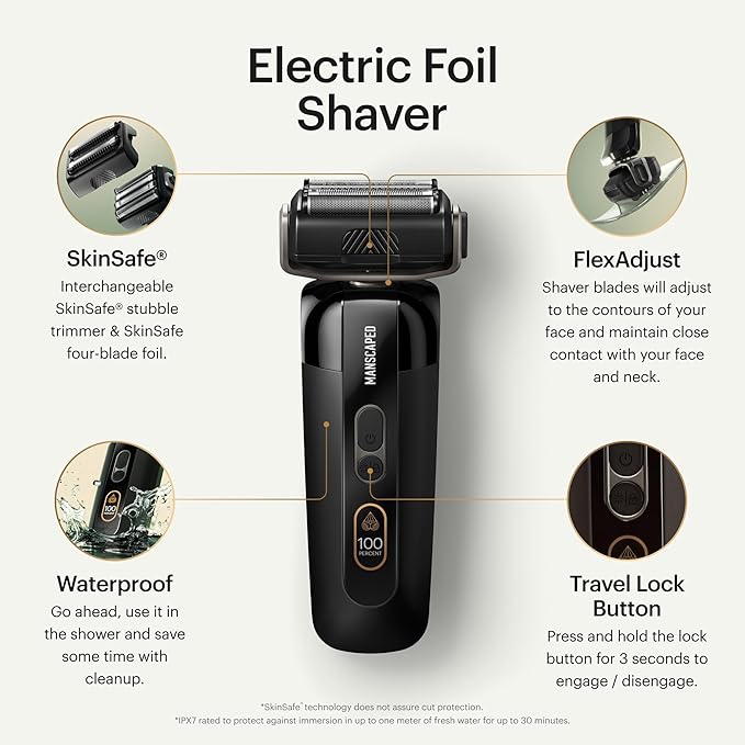 MANSCAPED® The Chairman™ PRO Package - Men’s Electric Face Shaver with Two Interchangeable Blades SkinSafe® Four-Blade Foil &amp Stubble Trimmer Power Shave Gel Face Shave Soother Aftershave