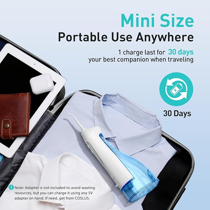 COSLUS Water Dental Flosser Teeth Pick C20(F5020E): Portable Cordless Oral Irrigator 300ML Rechargeable Travel Irrigation Cleaner IPX7 Waterproof Electric Flossing Machine for Teeth Cleaning White